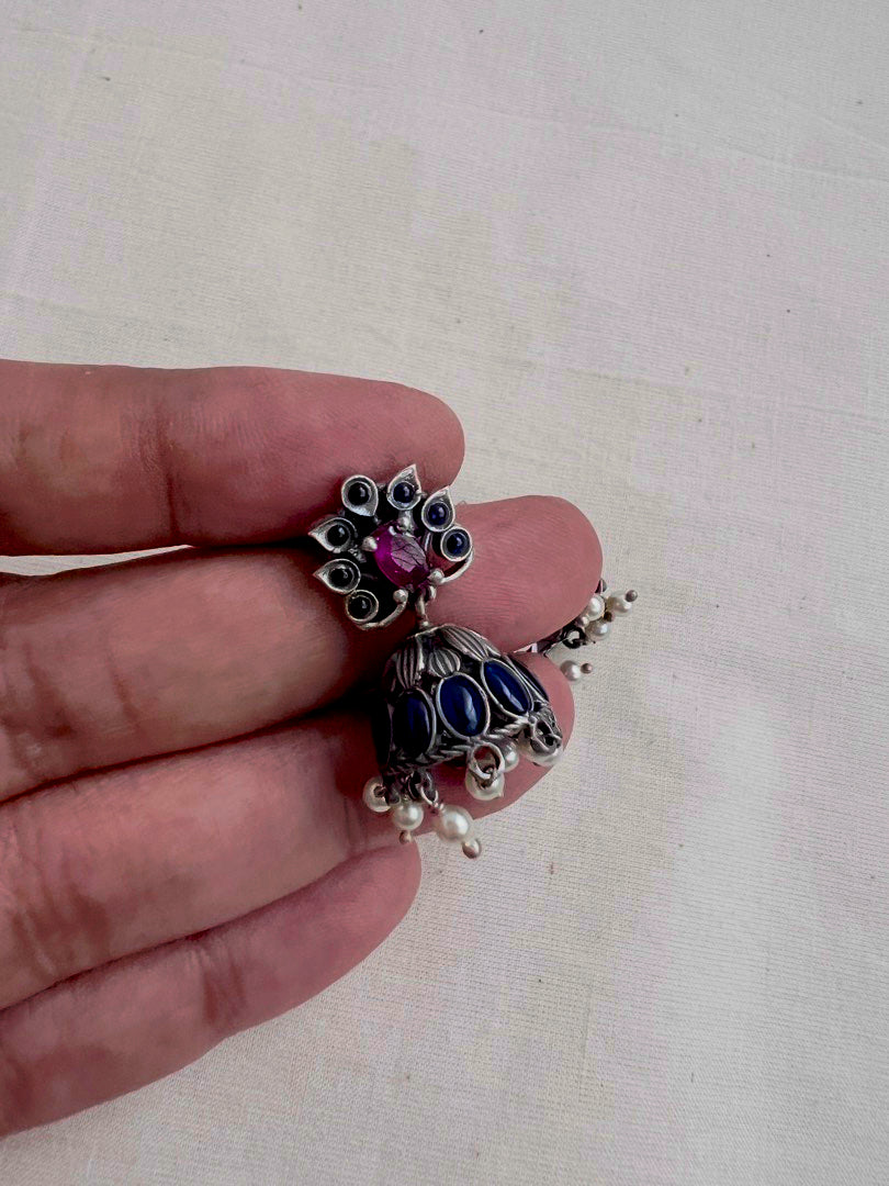 Blue and pink kemp jhumkas with pearls-Earrings-CI-House of Taamara