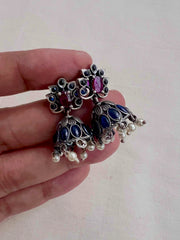 Blue and pink kemp jhumkas with pearls-Earrings-CI-House of Taamara