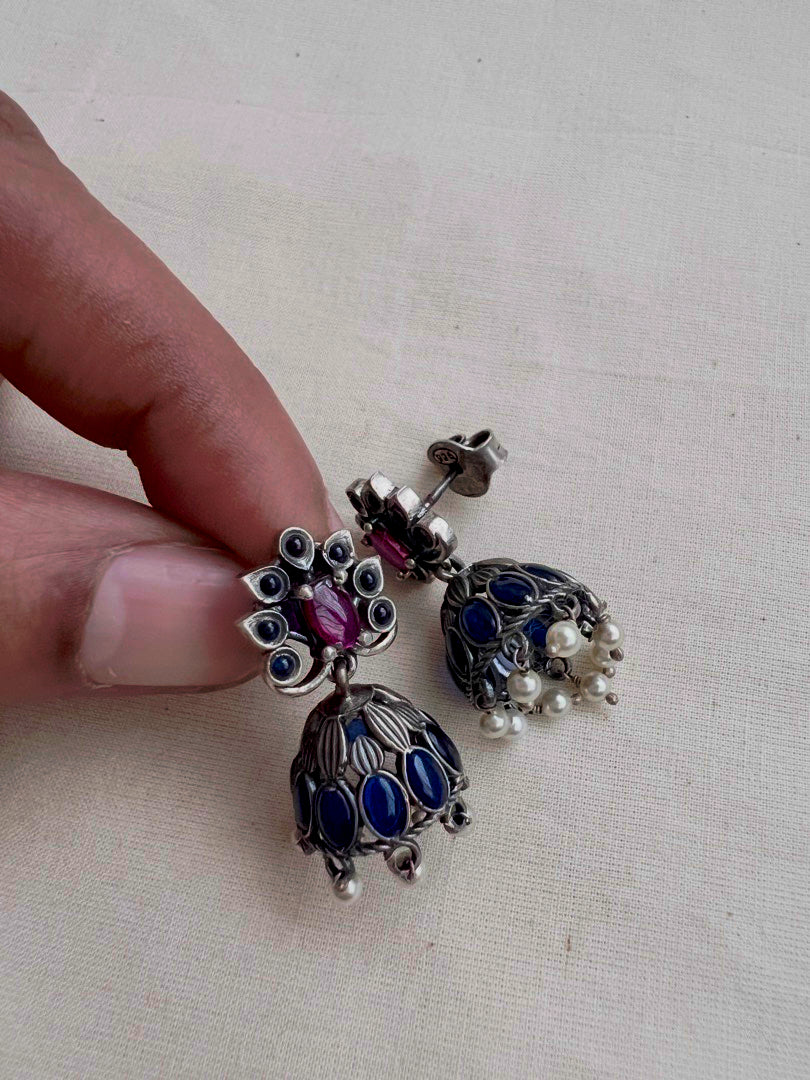 Blue and pink kemp jhumkas with pearls-Earrings-CI-House of Taamara