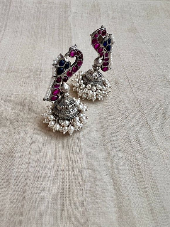 Blue and pink kemp jhumkas with pearls bunch-Earrings-CI-House of Taamara