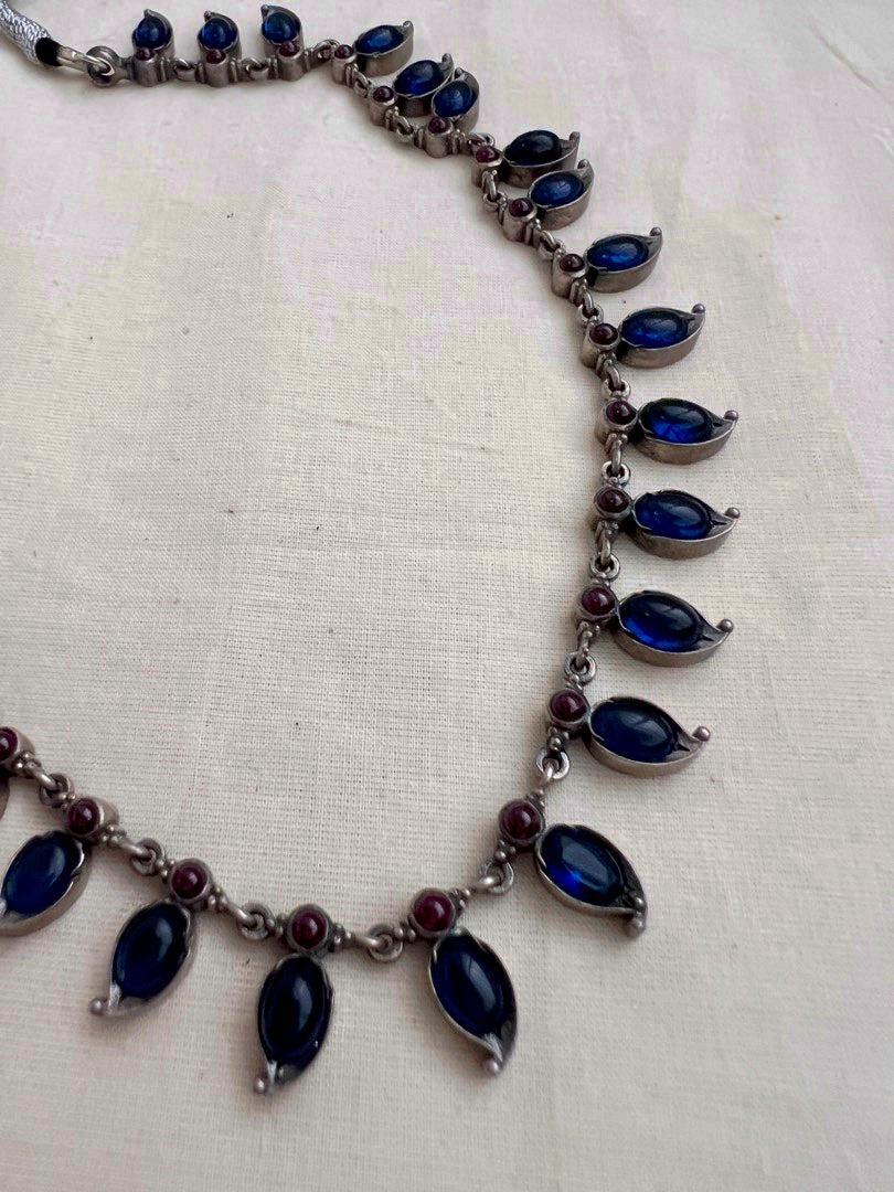 Blue and pink mango necklace with earrings, SET-Silver Neckpiece-CI-House of Taamara