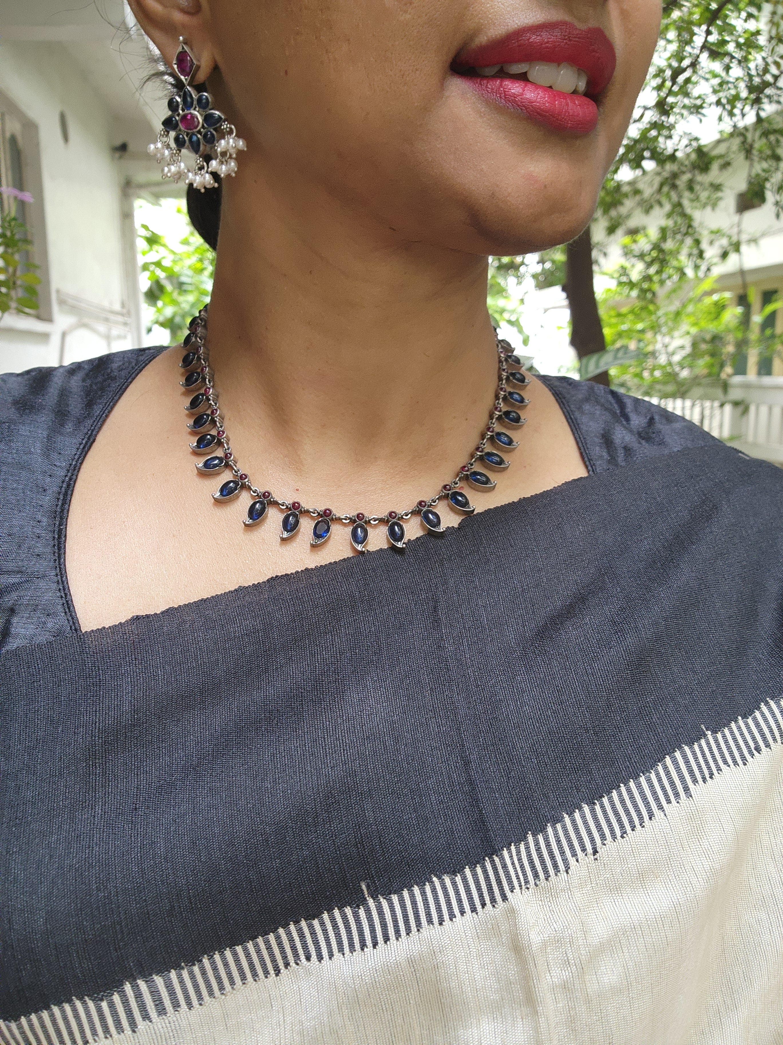 Blue and pink mango necklace with earrings, SET-Silver Neckpiece-CI-House of Taamara