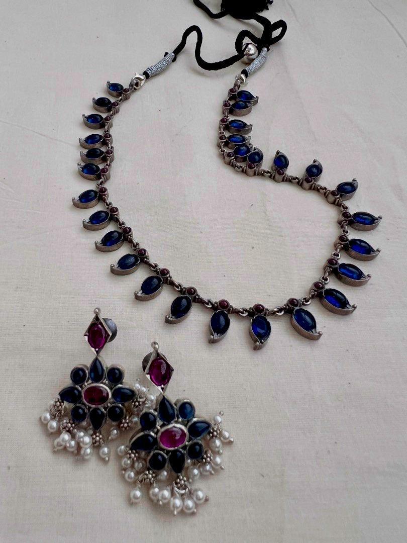 Blue and pink mango necklace with earrings, SET-Silver Neckpiece-CI-House of Taamara