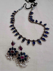 Blue and pink mango necklace with earrings, SET-Silver Neckpiece-CI-House of Taamara