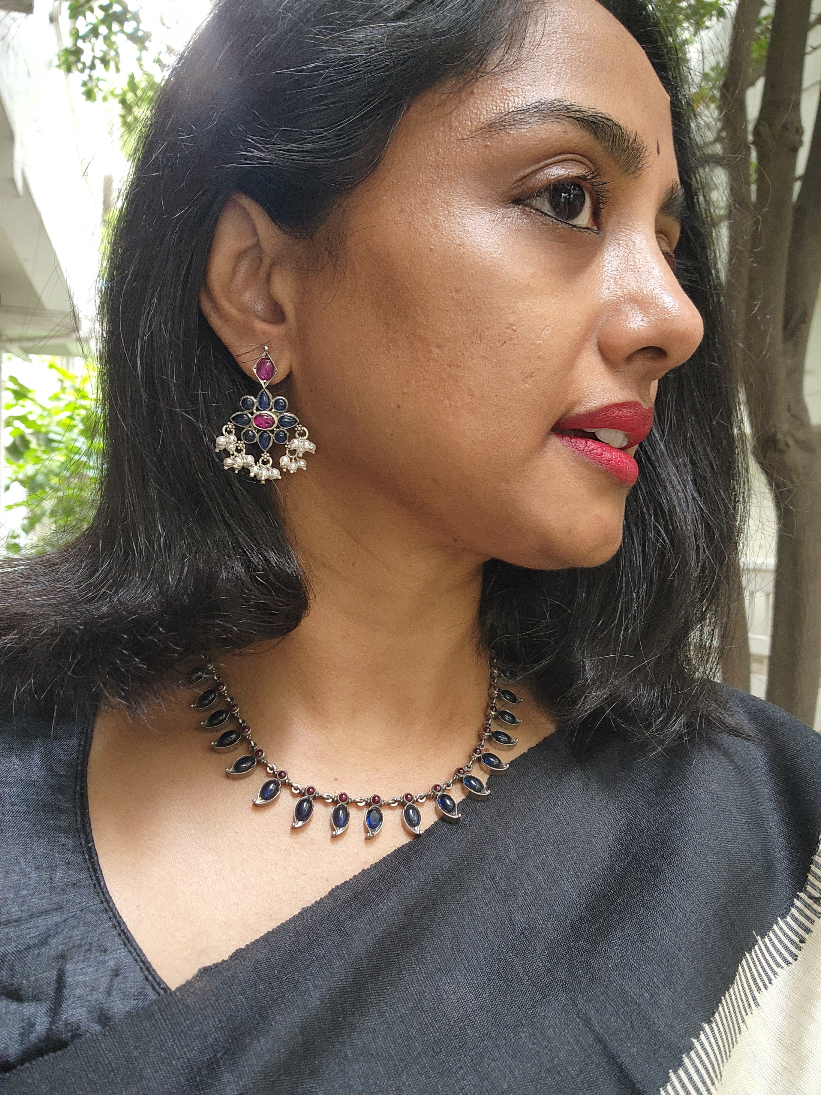 Blue and pink mango necklace with earrings, SET-Silver Neckpiece-CI-House of Taamara