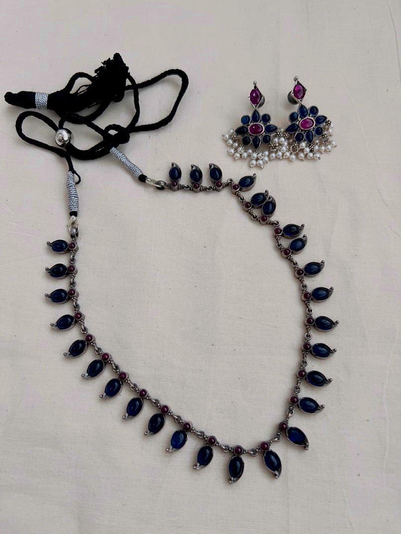 Blue and pink mango necklace with earrings, SET-Silver Neckpiece-CI-House of Taamara