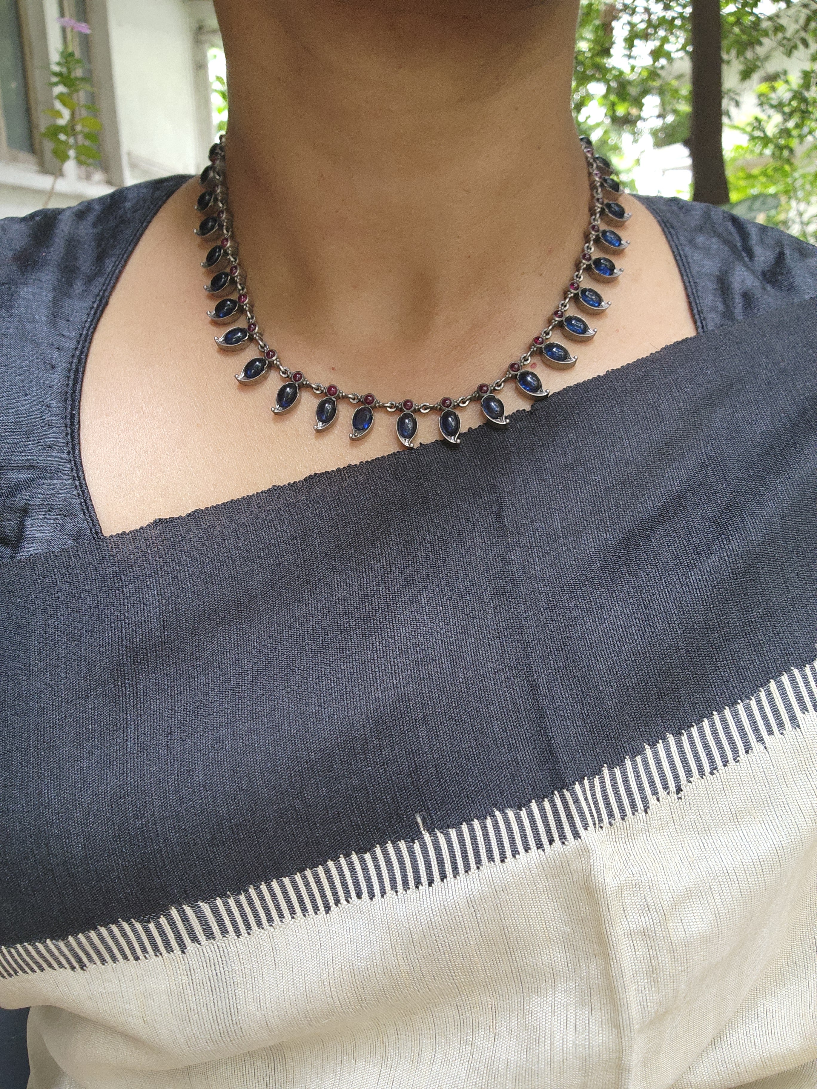 Blue and pink mango necklace with earrings, SET-Silver Neckpiece-CI-House of Taamara