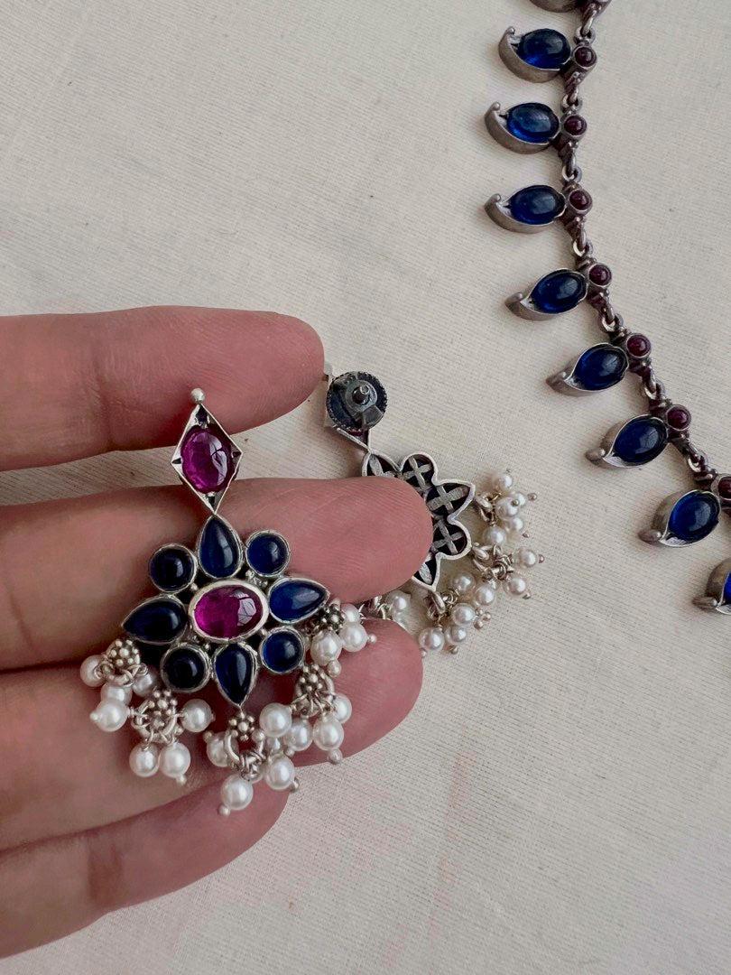 Blue and pink mango necklace with earrings, SET-Silver Neckpiece-CI-House of Taamara