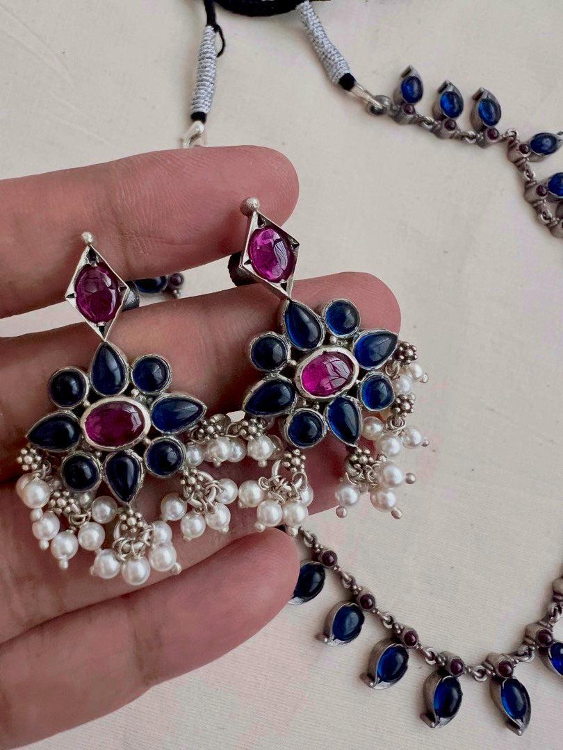 Blue and pink mango necklace with earrings, SET-Silver Neckpiece-CI-House of Taamara