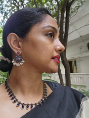 Blue and pink mango necklace with earrings, SET-Silver Neckpiece-CI-House of Taamara