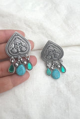 Blue drop stamp with turquoise bead and 2 green drops-Silver earrings-EZ-House of Taamara