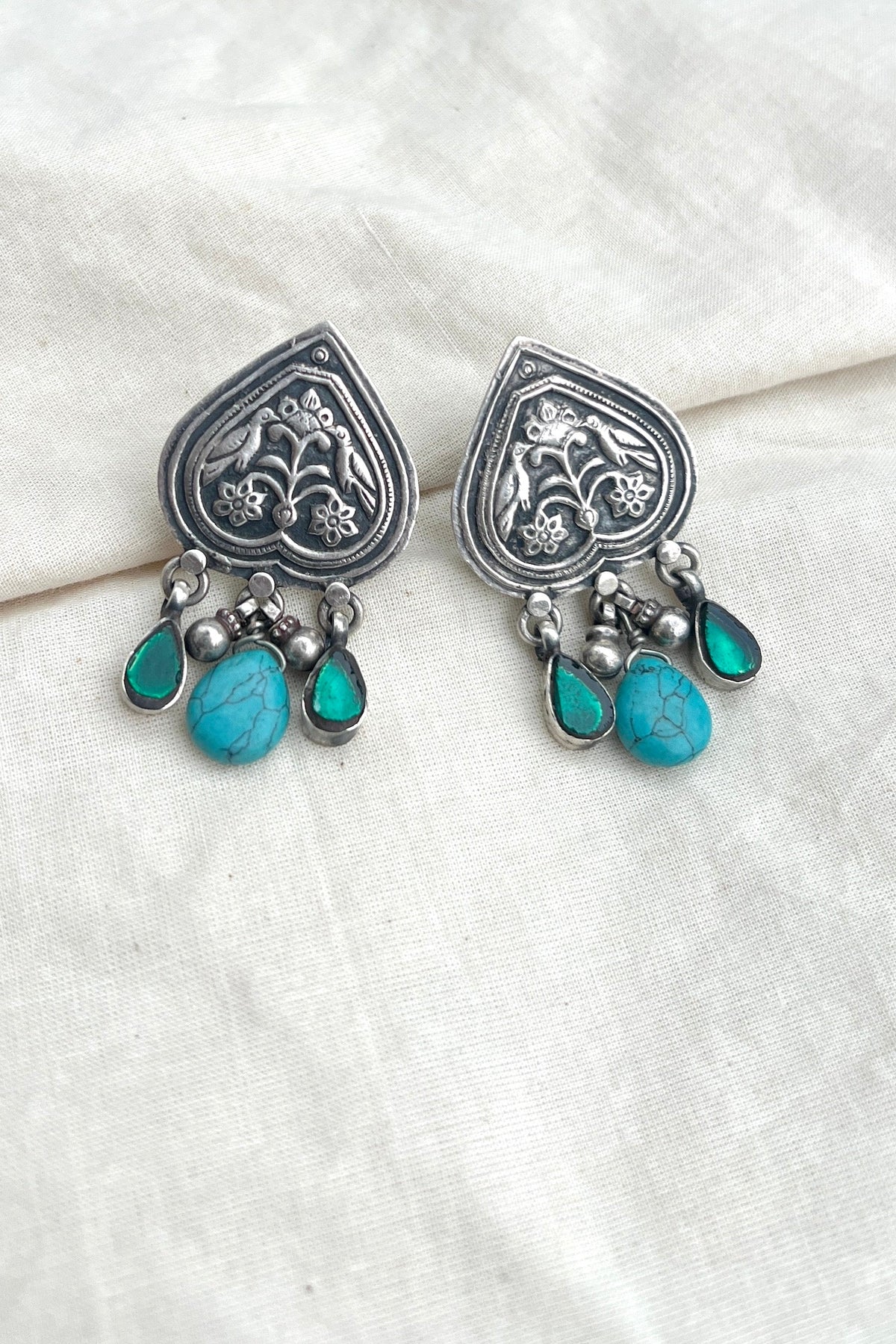 Blue drop stamp with turquoise bead and 2 green drops-Silver earrings-EZ-House of Taamara