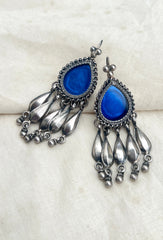 Blue drop with ling tassels-Silver earrings-EZ-House of Taamara