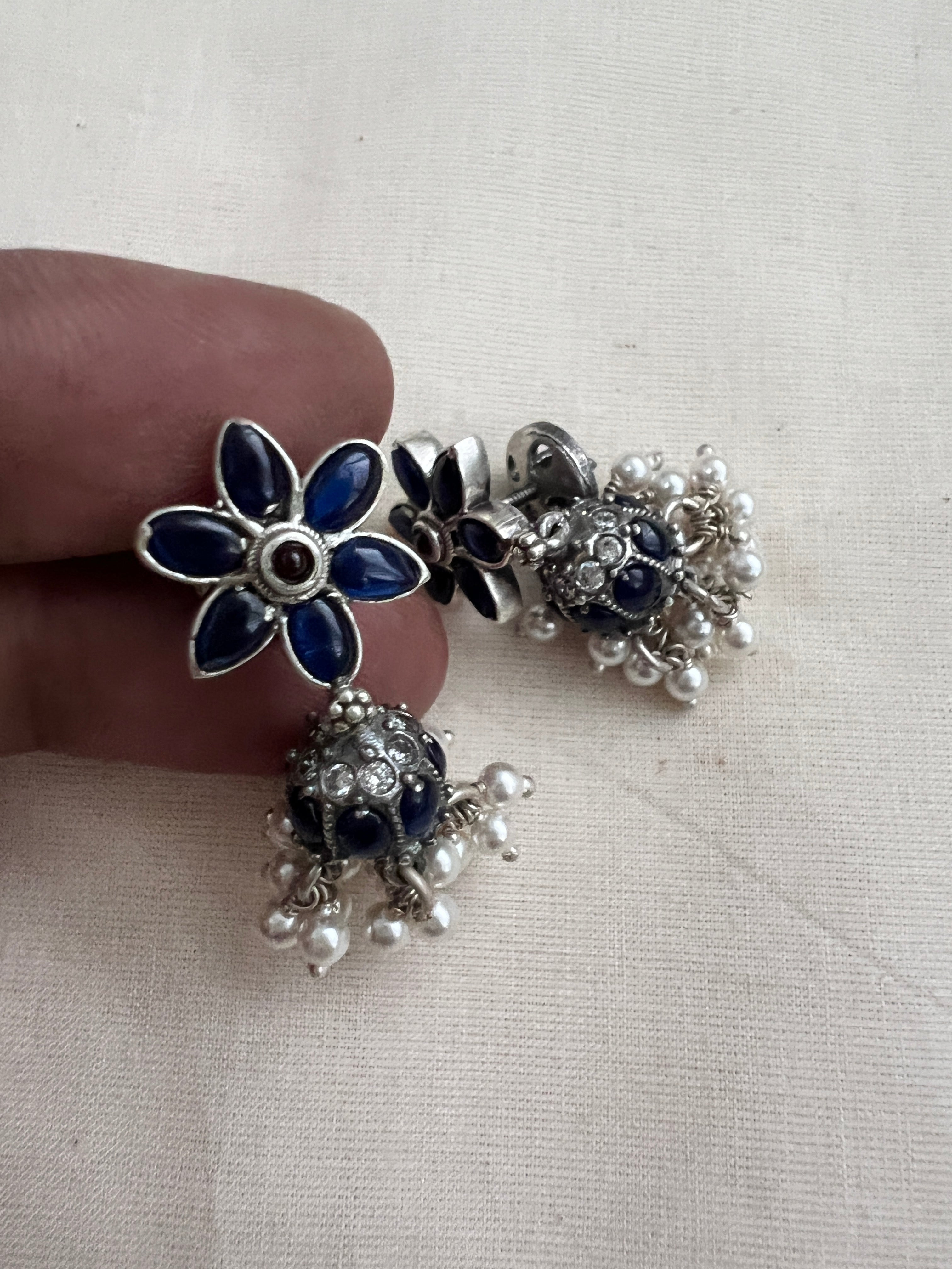 Blue kemp silver jhumkas with pearls-Earrings-CI-House of Taamara