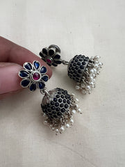 Blue kemp silver jhumkas with pearls-Earrings-CI-House of Taamara