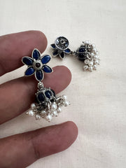 Blue kemp silver jhumkas with pearls-Earrings-CI-House of Taamara