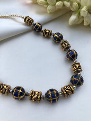 Blue kundan and antique beads chain-Silver Neckpiece-PL-House of Taamara
