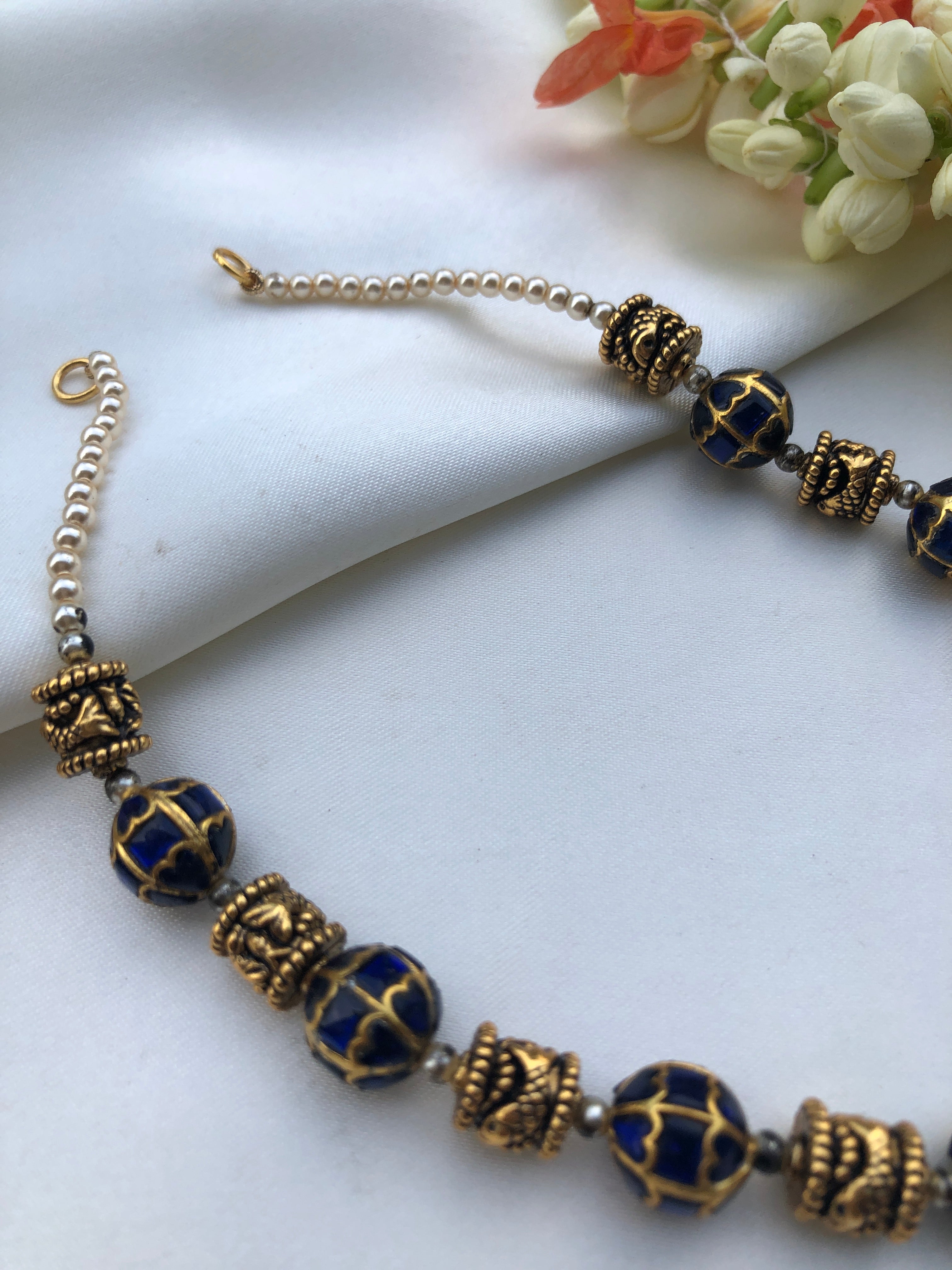 Blue kundan and antique beads chain-Silver Neckpiece-PL-House of Taamara