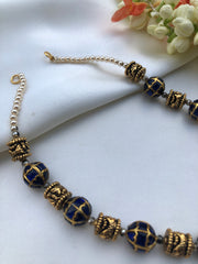Blue kundan and antique beads chain-Silver Neckpiece-PL-House of Taamara