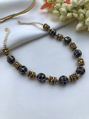 Blue kundan and antique beads chain-Silver Neckpiece-PL-House of Taamara