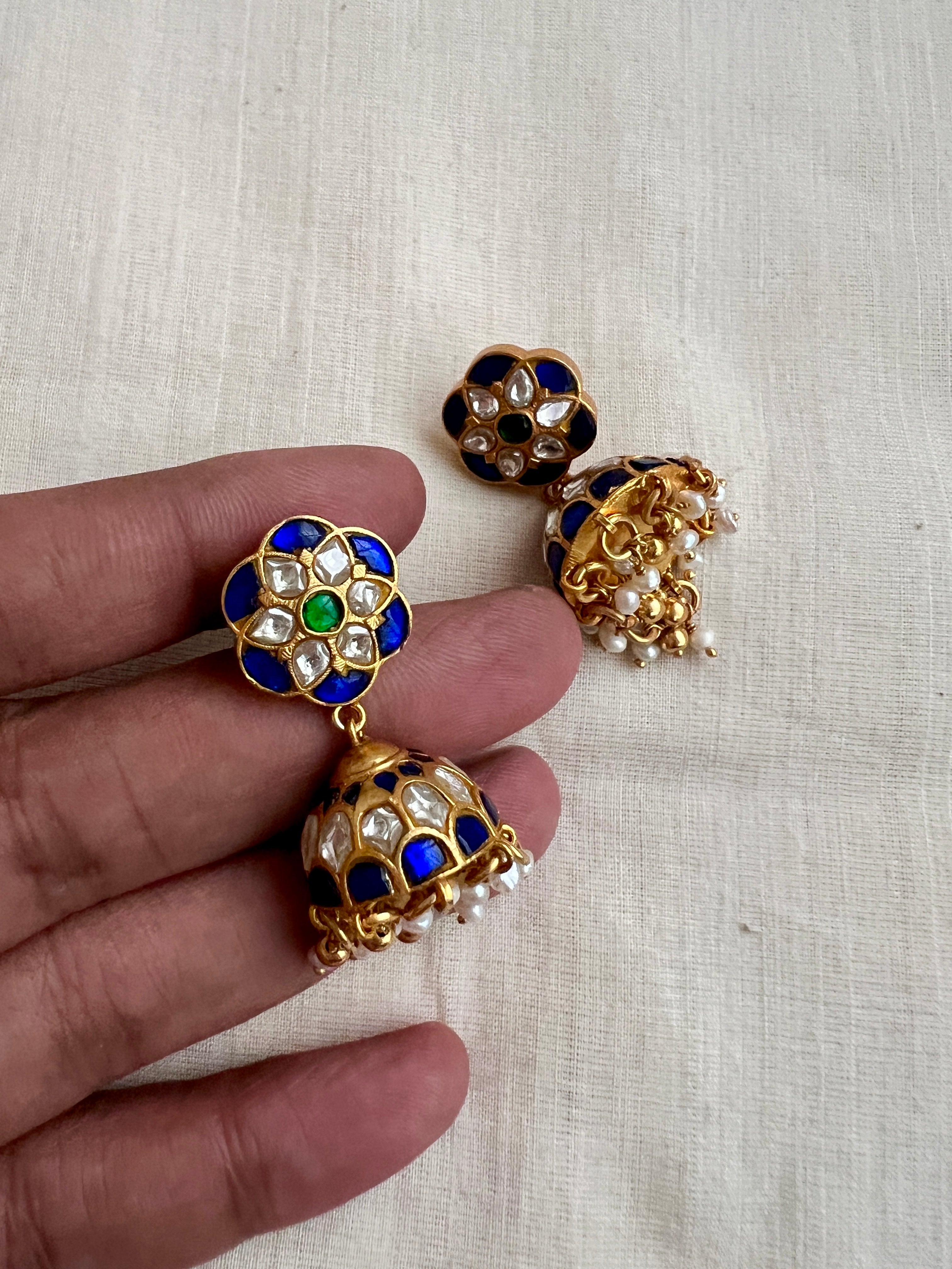 Blue kundan jhumkas with pearls (Made to order)-Earrings-CI-House of Taamara