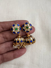 Blue kundan jhumkas with pearls (Made to order)-Earrings-CI-House of Taamara