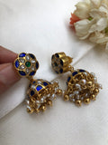 Blue kundan jhumkas with pearls, gold gundus and pearls bunch (MADE TO ORDER)-Earrings-PL-House of Taamara