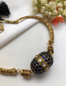 Blue kundan oval egg pendant with vintage style hasli-Silver Neckpiece-PL-House of Taamara