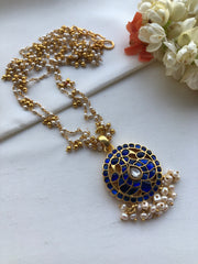 Blue kundan pendant with Pearls mala-Silver Neckpiece-PL-House of Taamara