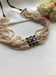 Blue kundan with antique pearls choker-Silver Neckpiece-PL-House of Taamara