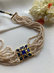 Blue kundan with antique pearls choker-Silver Neckpiece-PL-House of Taamara