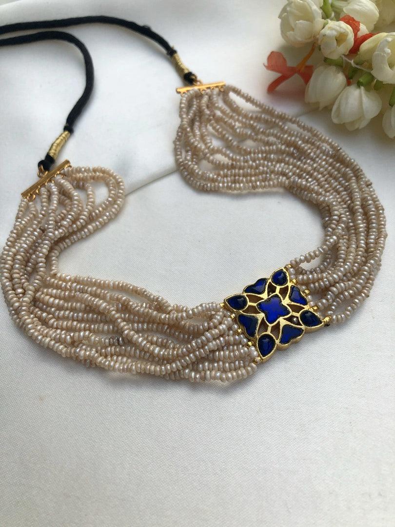 Blue kundan with antique style pearls bunch 10 lines choker-Silver Neckpiece-PL-House of Taamara