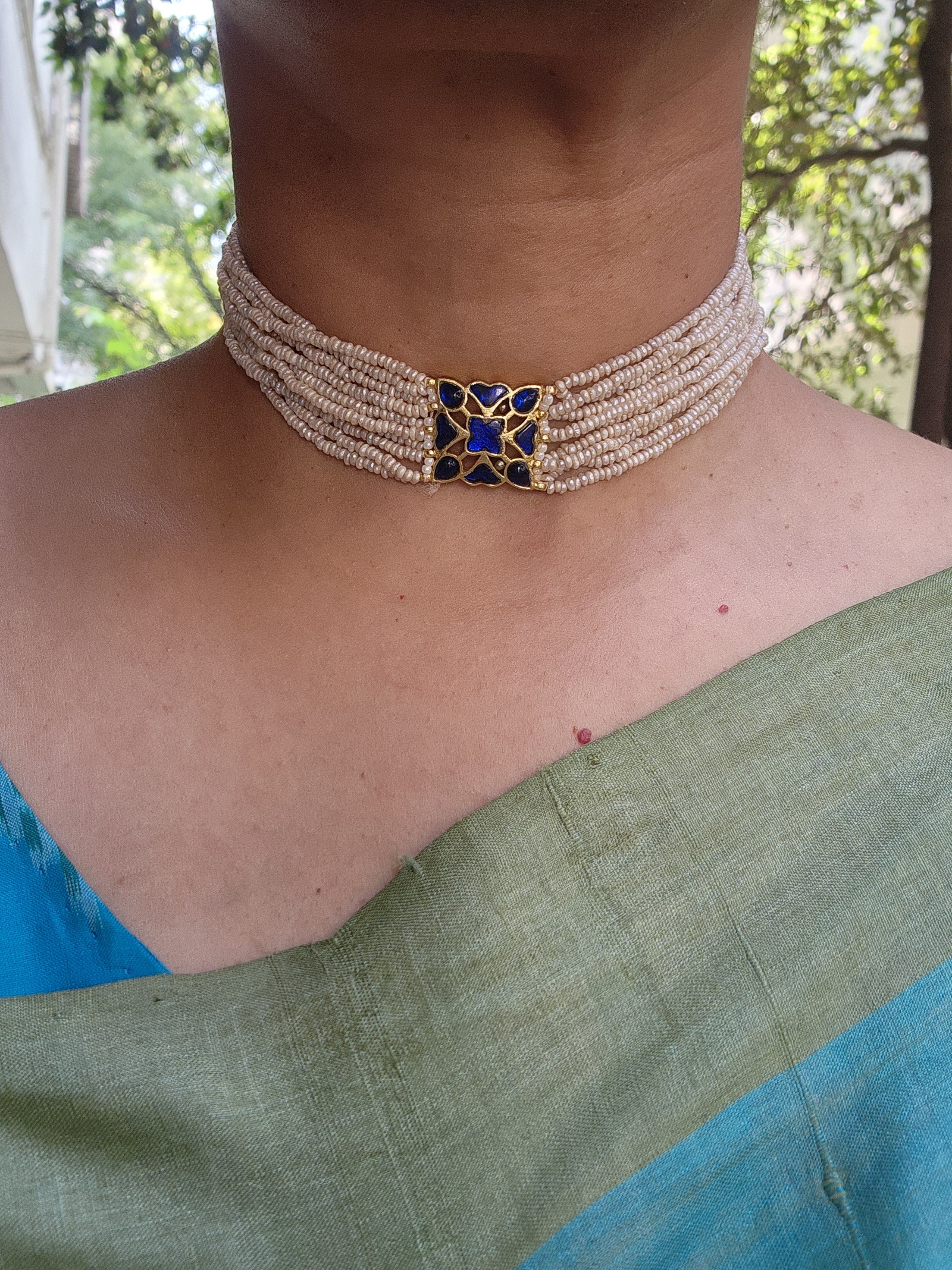 Blue kundan with antique style pearls bunch 10 lines choker-Silver Neckpiece-PL-House of Taamara