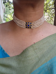 Blue kundan with antique style pearls bunch 10 lines choker-Silver Neckpiece-PL-House of Taamara