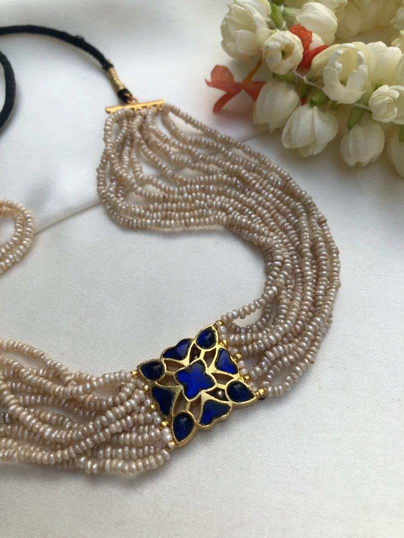 Blue kundan with antique style pearls bunch 10 lines choker-Silver Neckpiece-PL-House of Taamara