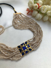 Blue kundan with antique style pearls bunch 10 lines choker-Silver Neckpiece-PL-House of Taamara