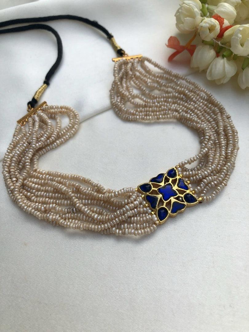 Blue kundan with antique style pearls bunch 10 lines choker-Silver Neckpiece-PL-House of Taamara