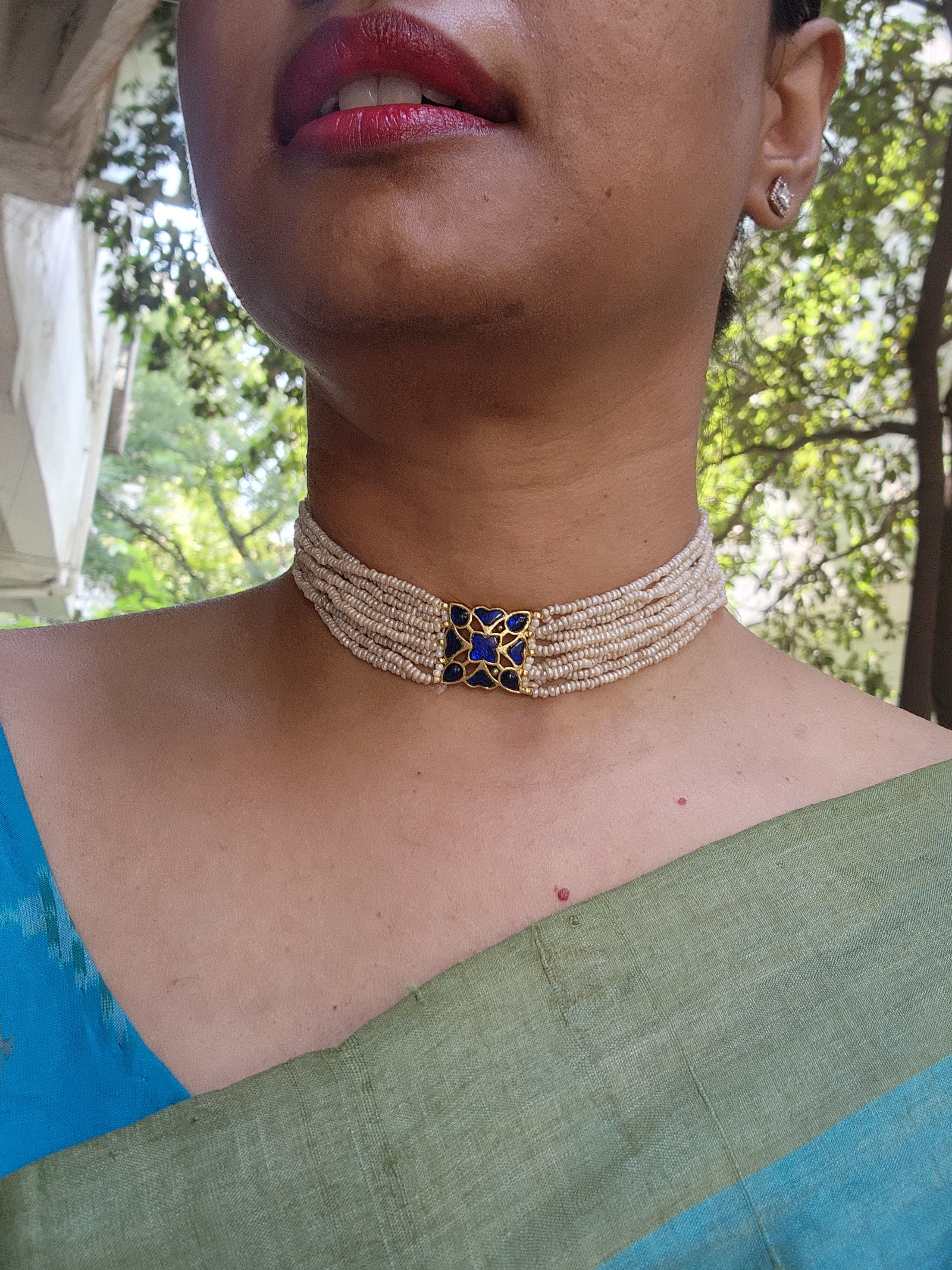Blue kundan with antique style pearls bunch 10 lines choker-Silver Neckpiece-PL-House of Taamara