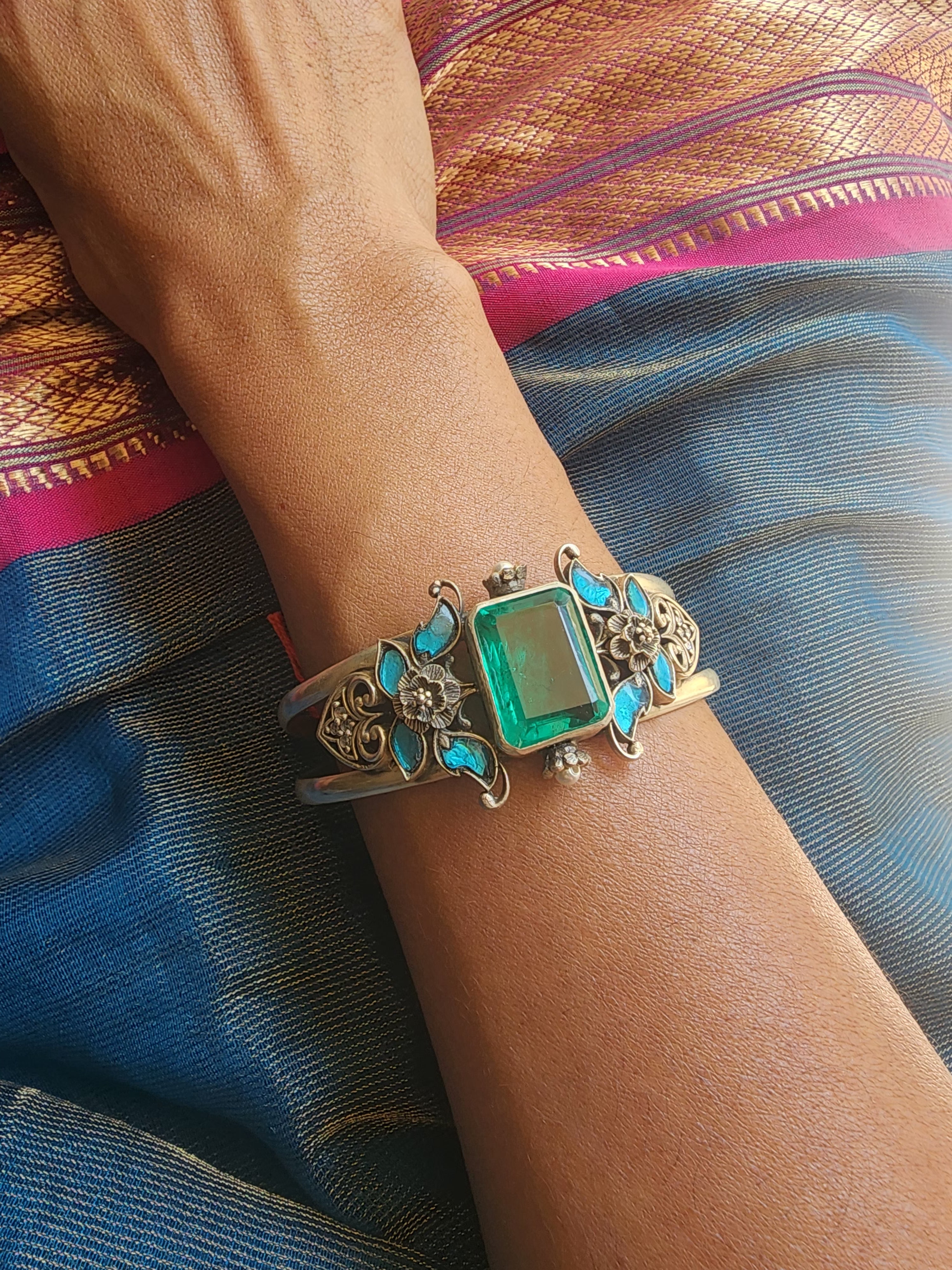 Blue kundan with green centre stone silver cuff bracelet-Silver Bracelet-PL-House of Taamara