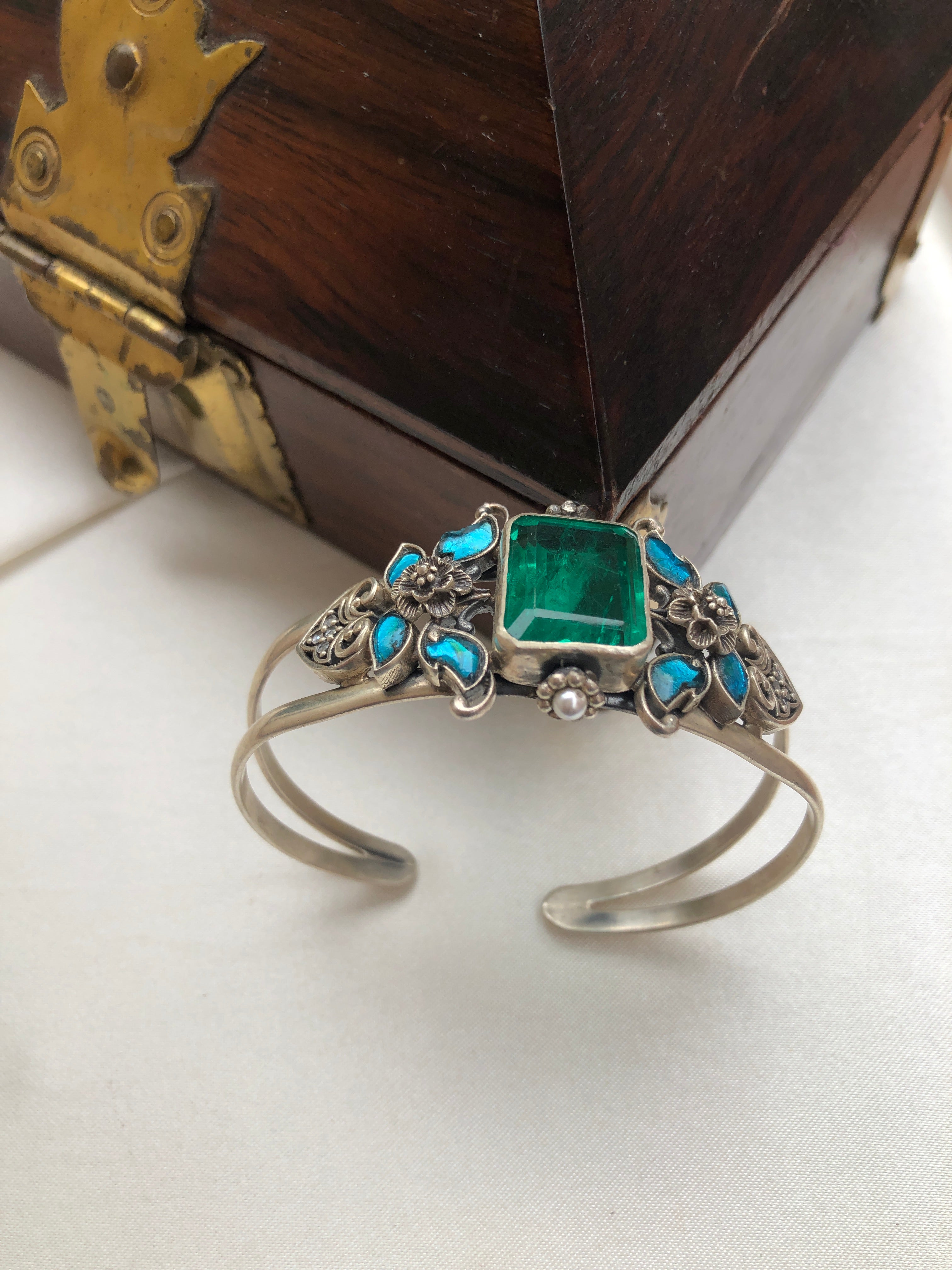 Blue kundan with green centre stone silver cuff bracelet-Silver Bracelet-PL-House of Taamara