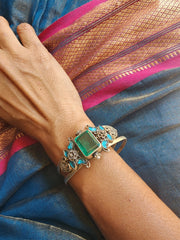 Blue kundan with green centre stone silver cuff bracelet-Silver Bracelet-PL-House of Taamara