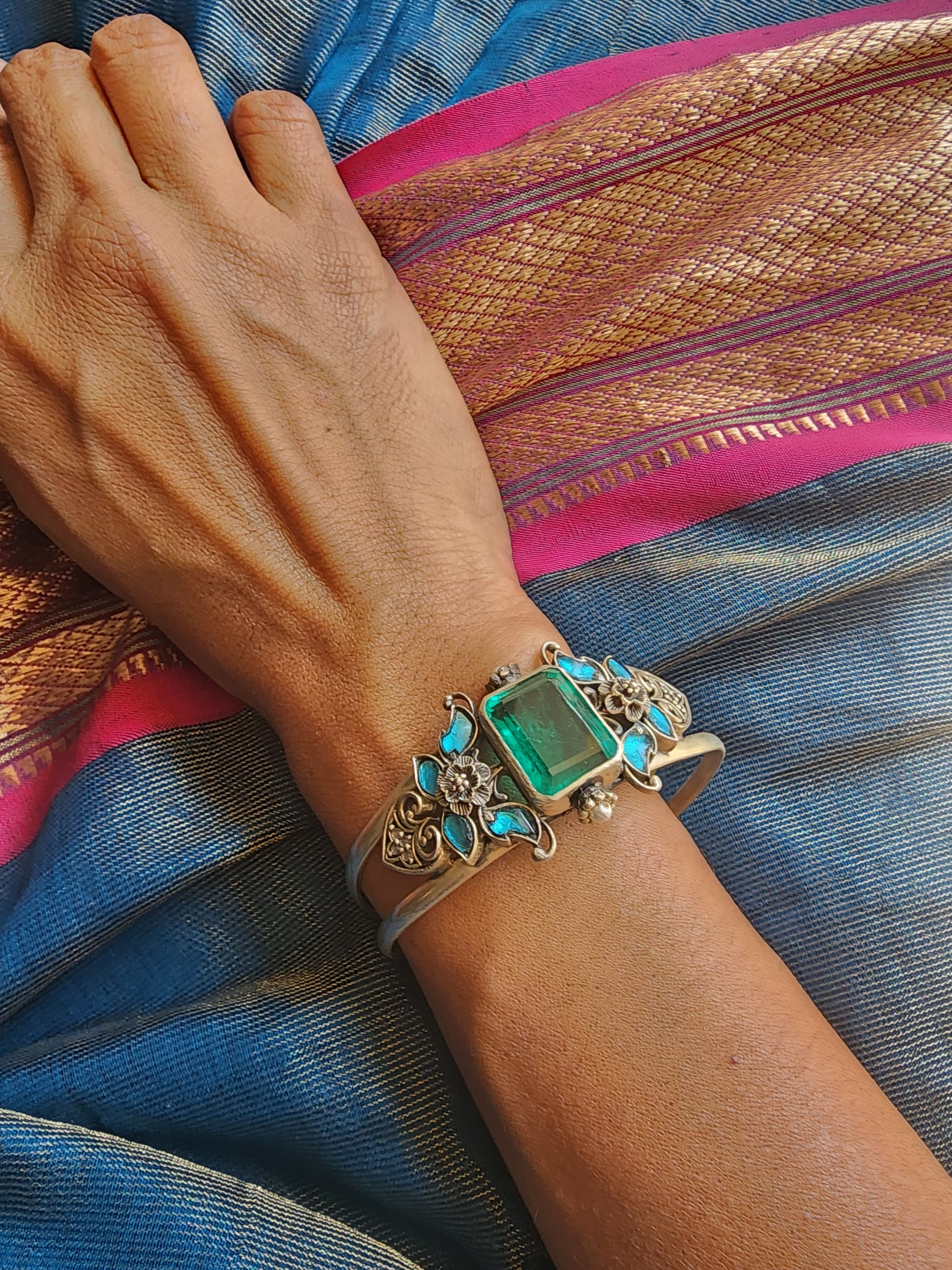 Blue kundan with green centre stone silver cuff bracelet-Silver Bracelet-PL-House of Taamara