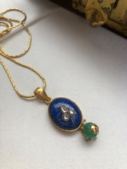 Blue lapis with kundan inlay with green pumpkin bead-Silver Neckpiece-PL-House of Taamara