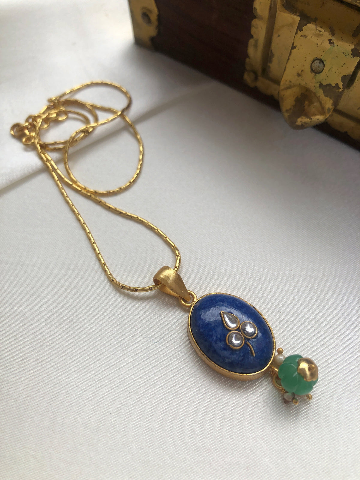 Blue lapis with kundan inlay with green pumpkin bead-Silver Neckpiece-PL-House of Taamara