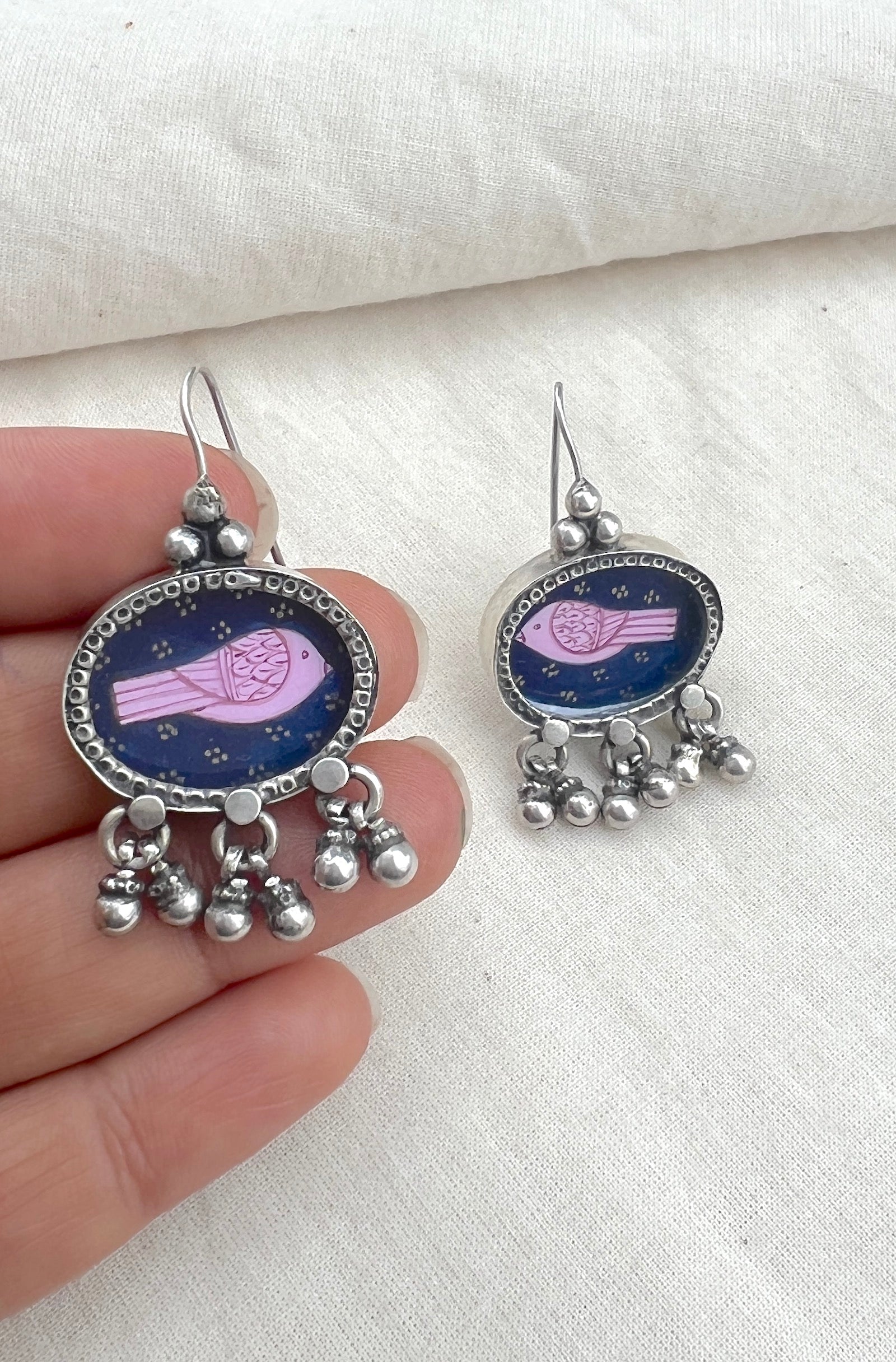 Blue oval with a pink bird-Silver earrings-EZ-House of Taamara