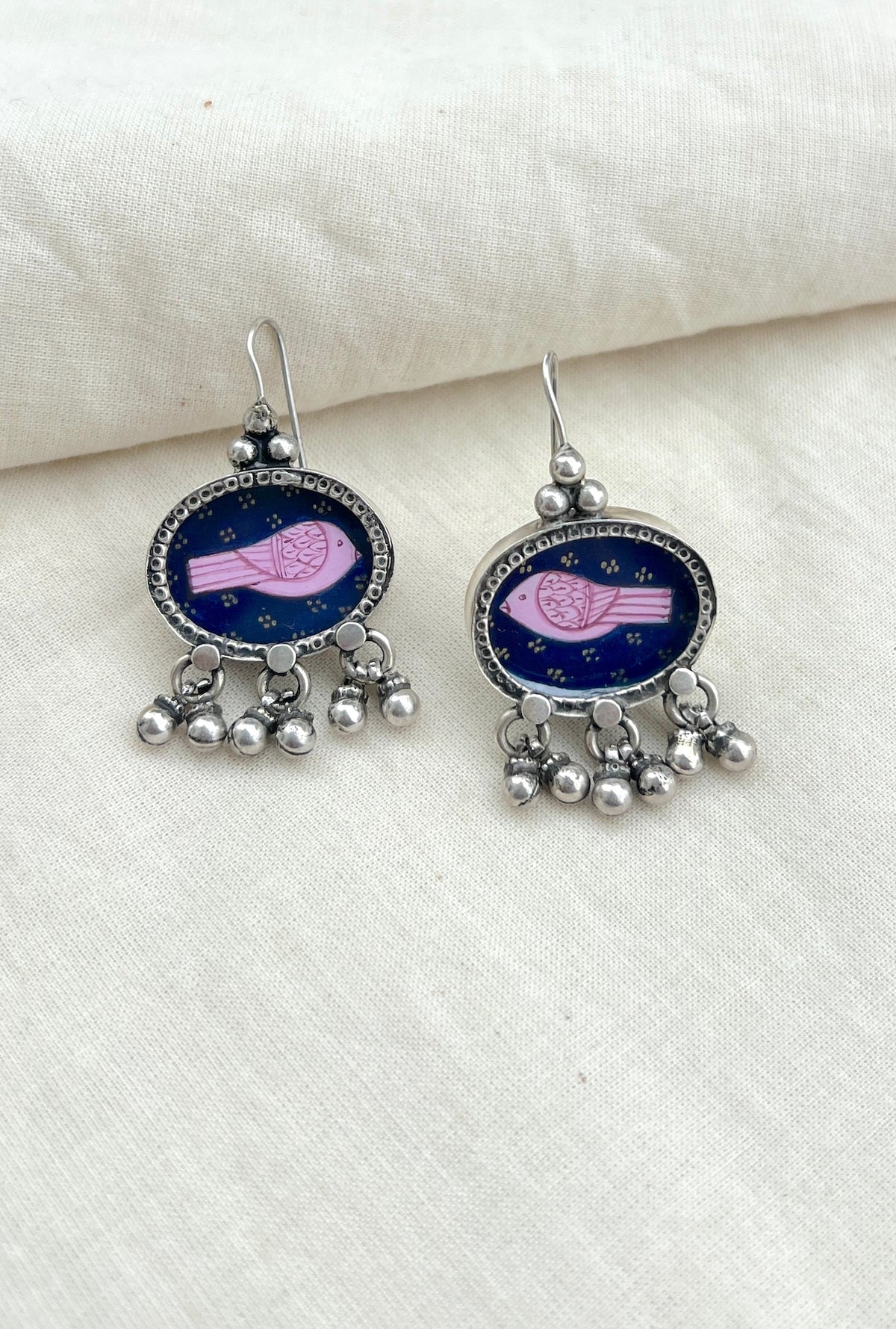 Blue oval with a pink bird-Silver earrings-EZ-House of Taamara