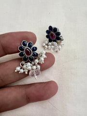 Blue & pink kemp silver studs with pearls-Earrings-CI-House of Taamara