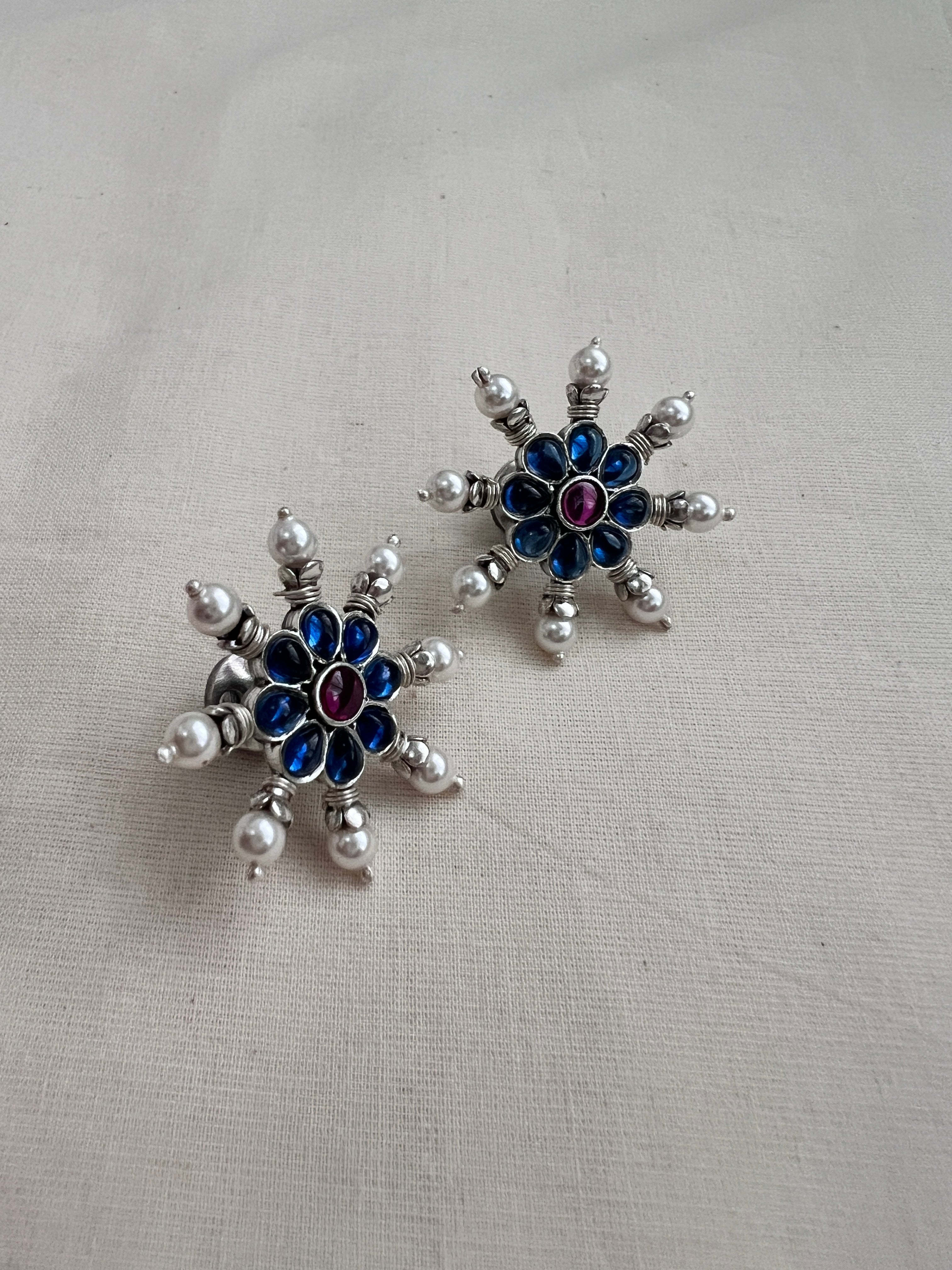 Blue & pink kemp silver studs with pearls-Earrings-CI-House of Taamara