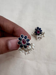 Blue & pink kemp silver studs with pearls-Earrings-CI-House of Taamara