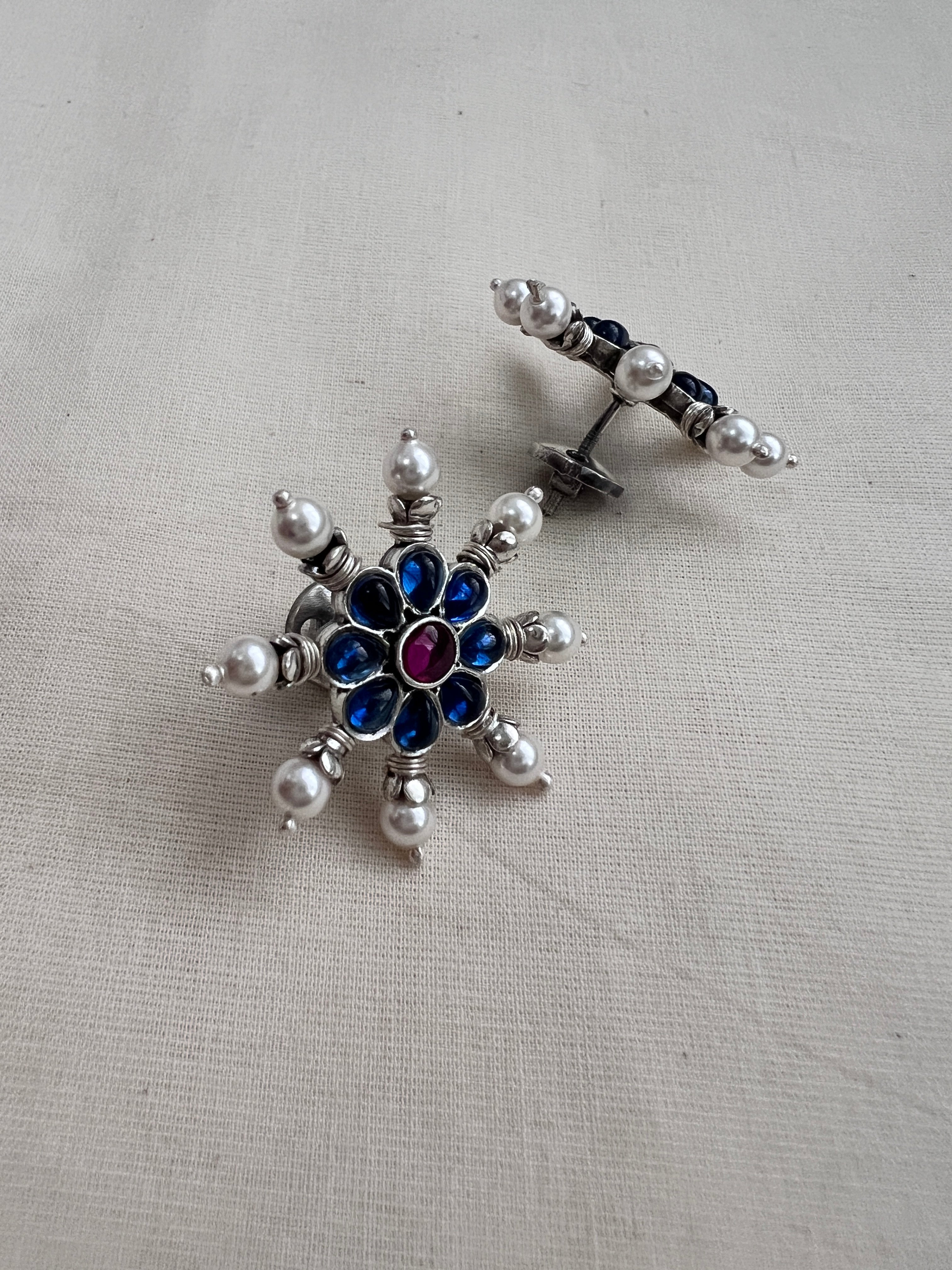 Blue & pink kemp silver studs with pearls-Earrings-CI-House of Taamara